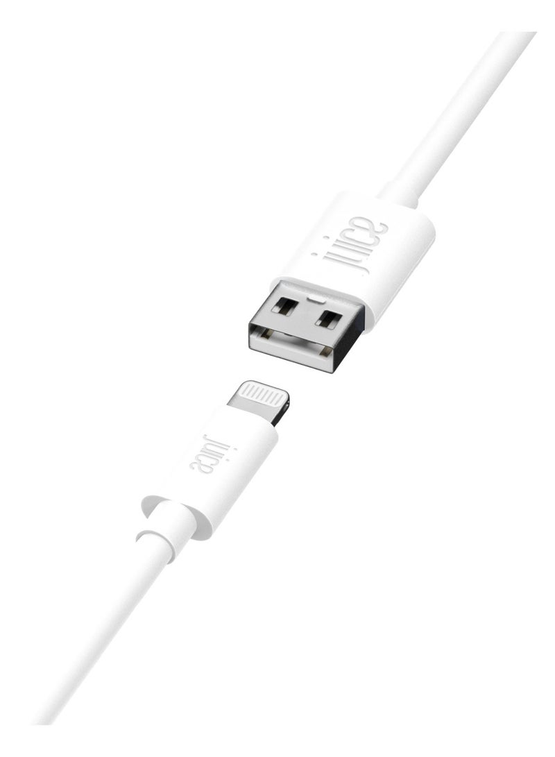 جوس كابل JUICE USB-A إلى Apple Lightning، مصنوع من مادة TPE معاد تدويرها بنسبة 100% ومعزّز للمتانة، يدعم الشحن ونقل البيانات، معتمد من MFI للشحن السريع، متوافق مع أحدث الطرازات: iPhone 17 و16 و15 و14 و13 و12 و11 Pro Max وXR وXS وX و8 وSE، بالإضافة إلى iPad، بطول 2 متر، باللون الأبيض. - Image 1